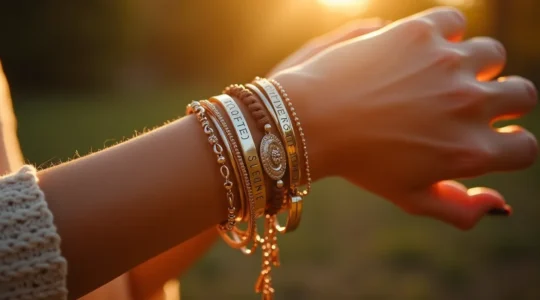 Eine Frau mit mehreren gestapelten personalisierten Armbändern auf ihrem Handgelenk, die ihre persönliche Lebensgeschichte erzählen.