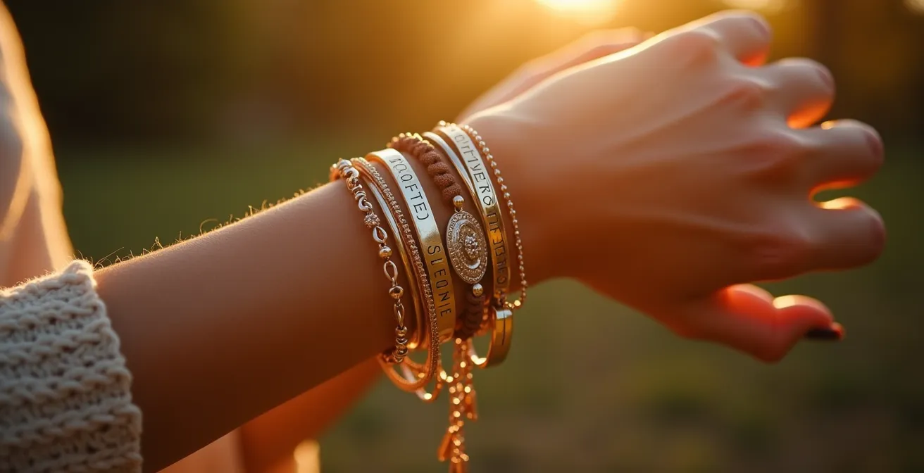 Eine Frau mit mehreren gestapelten personalisierten Armbändern auf ihrem Handgelenk, die ihre persönliche Lebensgeschichte erzählen.
