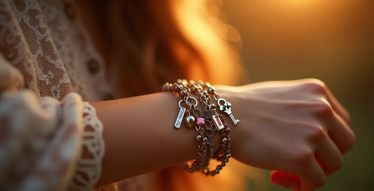 Ein wunderschön gestaltetes Charm-Armband mit vielfältigen Anhängern, die verschiedene Lebensmomente symbolisieren