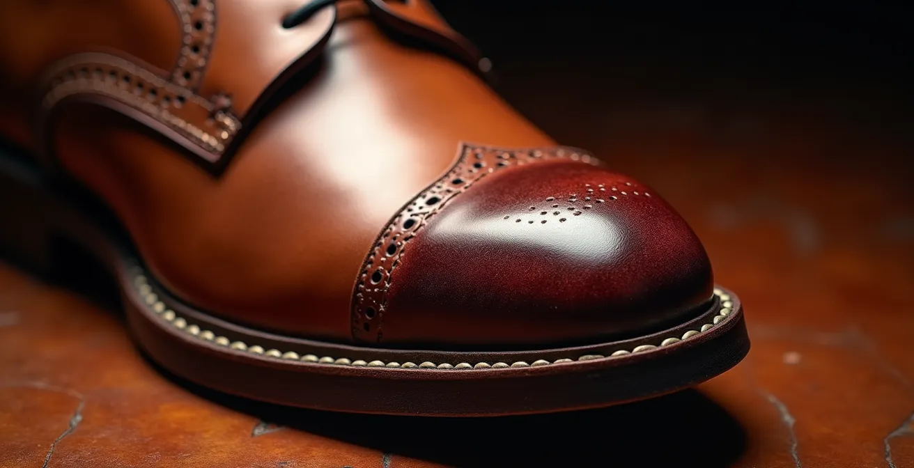 Cordovan Leder Schuh mit charakteristischer Patina, zeigt die Entwicklung und den natürlichen Glanz