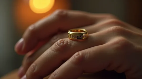 Ein eleganter Goldring mit feiner, sichtbarer Gravur auf der inneren Seite, die ein persönliches Geheimnis enthält. Die Grafik zeigt die Tiefenwirkung der Gravur und symbolisiert die emotionale Verbindung zwischen zwei Menschen.