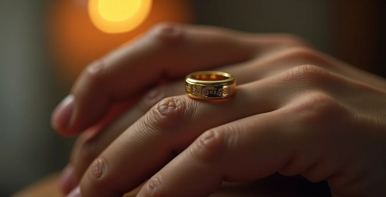 Ein eleganter Goldring mit feiner, sichtbarer Gravur auf der inneren Seite, die ein persönliches Geheimnis enthält. Die Grafik zeigt die Tiefenwirkung der Gravur und symbolisiert die emotionale Verbindung zwischen zwei Menschen.