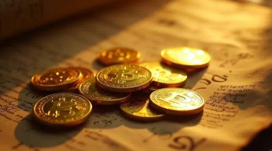 Ein symbolisches Bild, das die zeitlose Kraft des Goldes als Wertaufbewahrungsmittel zeigt: Goldene Münzen und Barren neben antiken historischen Dokumenten und Währungen aus verschiedenen Epochen, eingebettet in warmes, nostalgisches Licht.