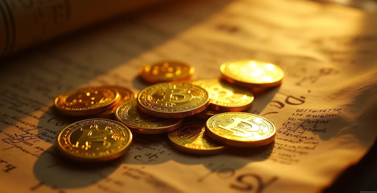 Ein symbolisches Bild, das die zeitlose Kraft des Goldes als Wertaufbewahrungsmittel zeigt: Goldene Münzen und Barren neben antiken historischen Dokumenten und Währungen aus verschiedenen Epochen, eingebettet in warmes, nostalgisches Licht.