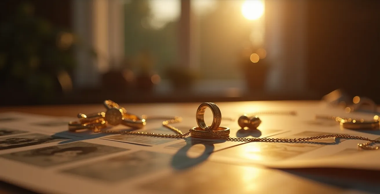 Eine alte Goldkette mit Familienfotos, symbolisierend die Balance zwischen emotionalem und materiellem Wert