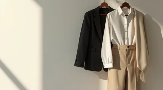 Minimalistischer Kleiderschrank mit zeitlosen Klassikern in Schwarz, Weiß und Creme, perfekt organisiert und elegantly drapiert