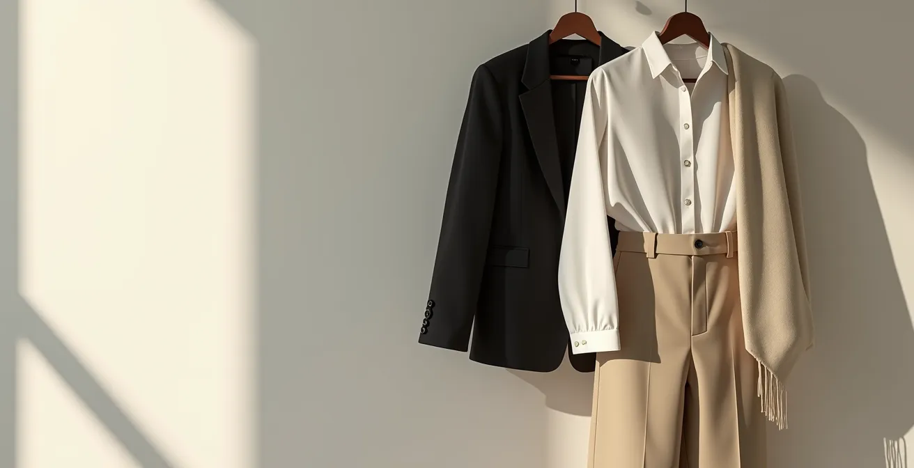 Minimalistischer Kleiderschrank mit zeitlosen Klassikern in Schwarz, Weiß und Creme, perfekt organisiert und elegantly drapiert