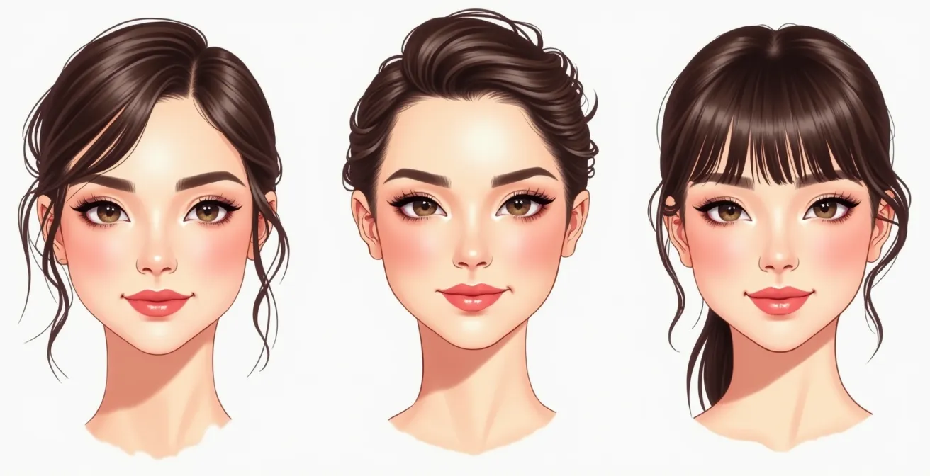 Detaillierte Illustration von verschiedenen Frisuren und deren Auswirkung auf Make-up-Anwendung