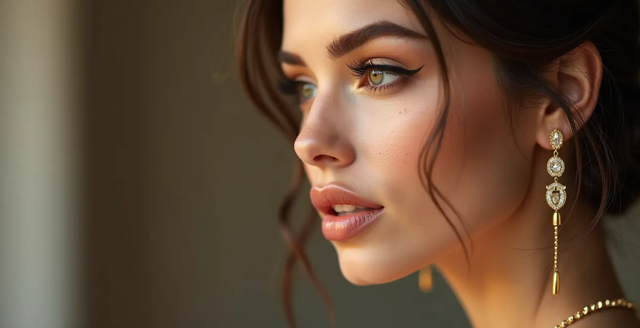 Elegantes Make-up und Frisur-Detail mit abgestimmtem Goldschmuck, das die harmonische Balance zwischen Make-up-Finish und Metallic-Glanz demonstriert