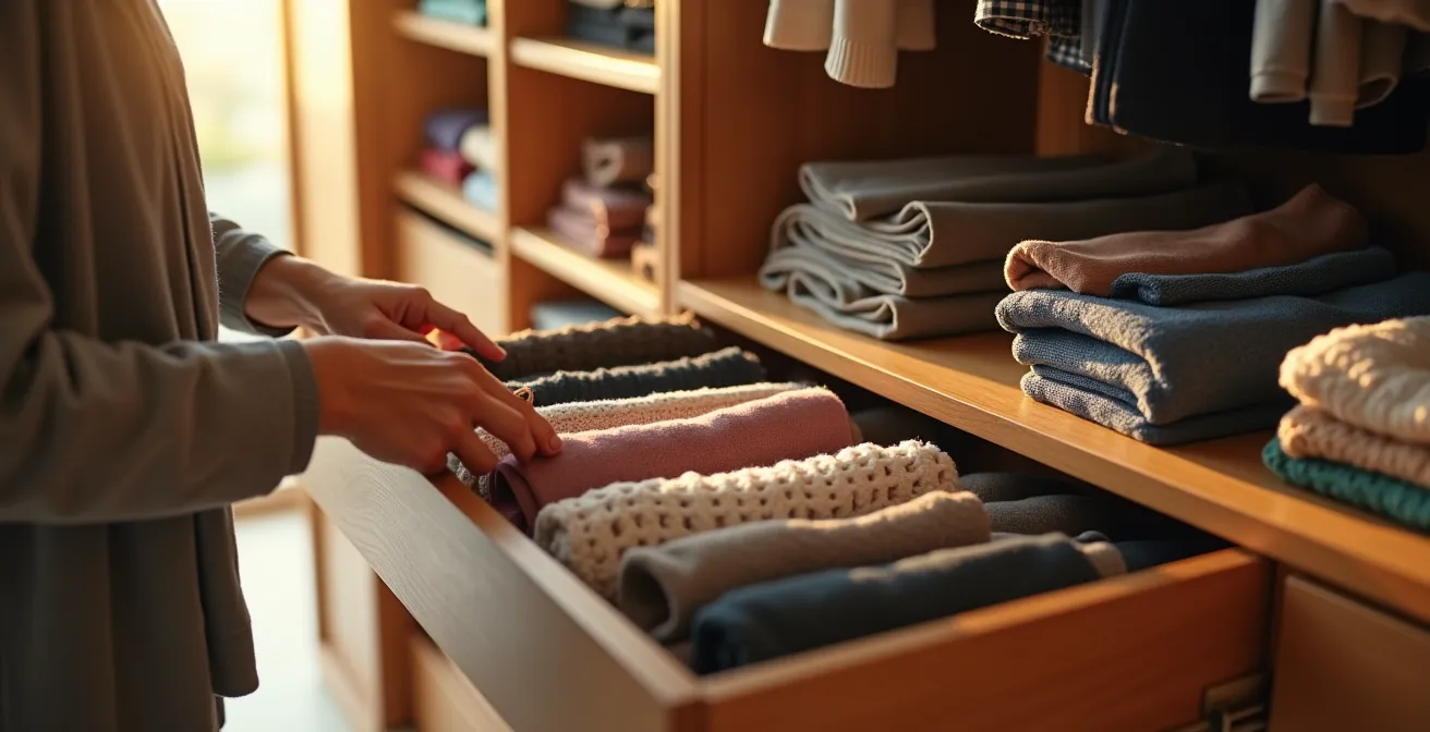 Ein gut organisierter Kleiderschrank mit farbkoordinierten Bereichen, Schuhen ordnungsgemäß angeordnet und Accessoires systematisch sortiert