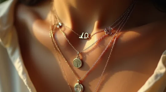 Eine Frau trägt mehrlagig geschichtete Halsketten mit bedeutungsvollen Anhängern nah am Herzen, die ihre persönliche Lebensreise in Symbolen und Gravuren erzählen