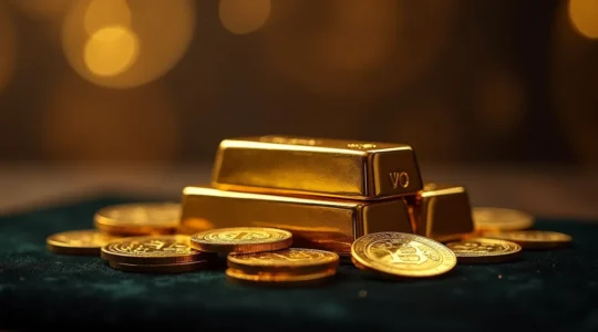 Goldbarren und Goldmünzen als sichere Wertanlage mit Reflexionen in goldener Beleuchtung