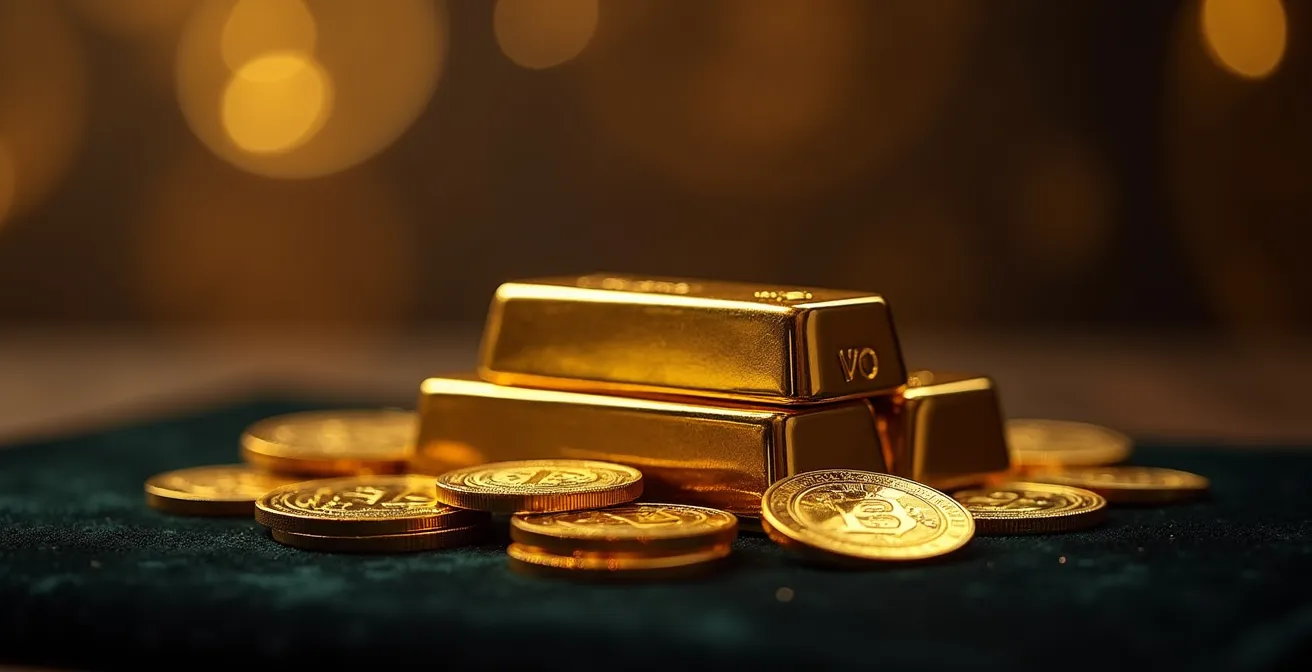 Goldbarren und Goldmünzen als sichere Wertanlage mit Reflexionen in goldener Beleuchtung