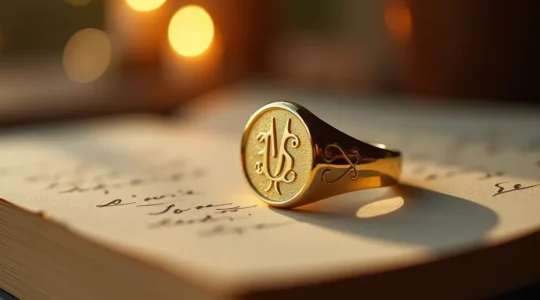 Personalisiertes Goldschmuckstück mit graviertem Monogramm, umgeben von Erinnerungsmomenten und leuchtenden Details, das die emotionale Bindung und den ultimativen Lebensstil widerspiegelt.