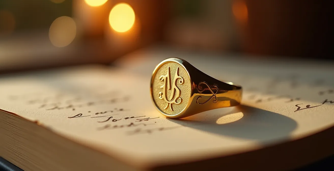 Personalisiertes Goldschmuckstück mit graviertem Monogramm, umgeben von Erinnerungsmomenten und leuchtenden Details, das die emotionale Bindung und den ultimativen Lebensstil widerspiegelt.