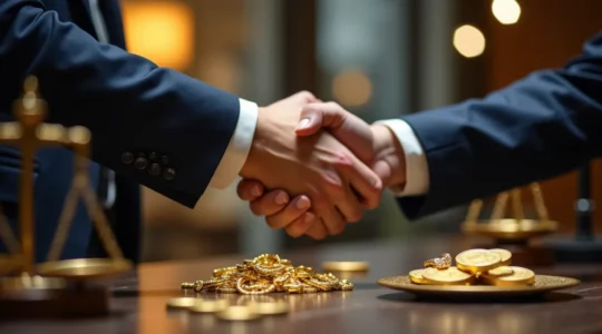 Ein sicherer Handschlag zwischen einem Goldhändler und einem Verkäufer vor einer professionellen Goldwaage und Zertifikaten