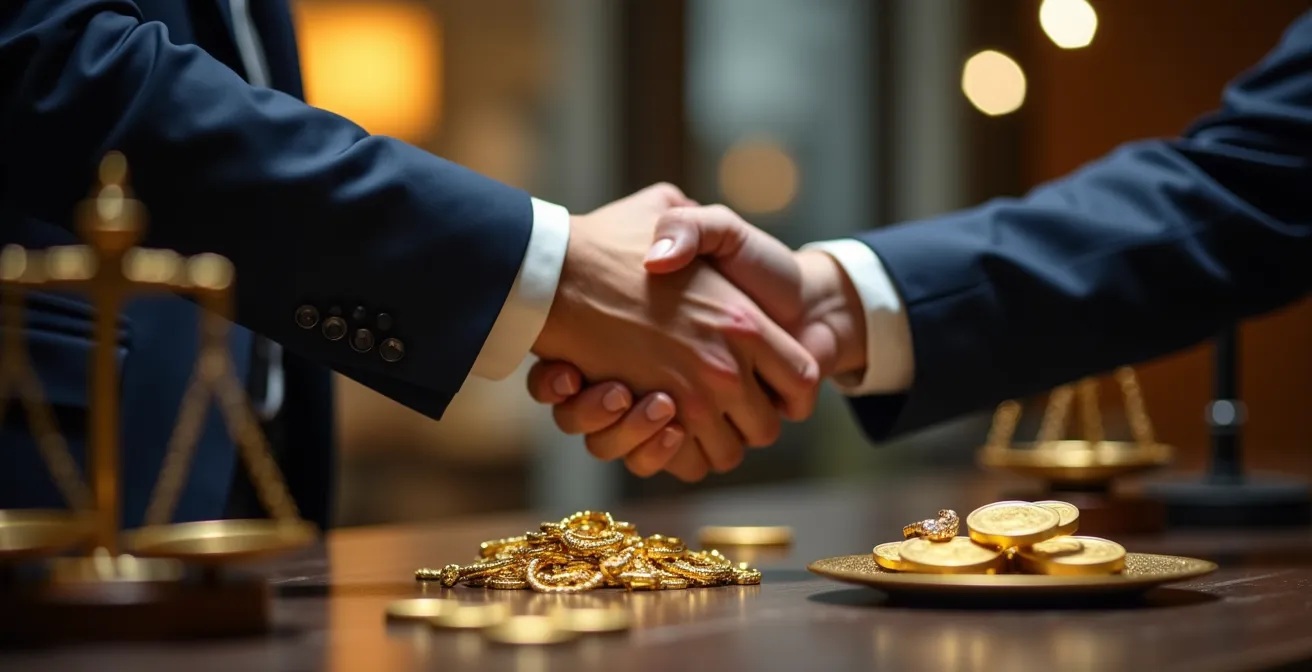 Ein sicherer Handschlag zwischen einem Goldhändler und einem Verkäufer vor einer professionellen Goldwaage und Zertifikaten