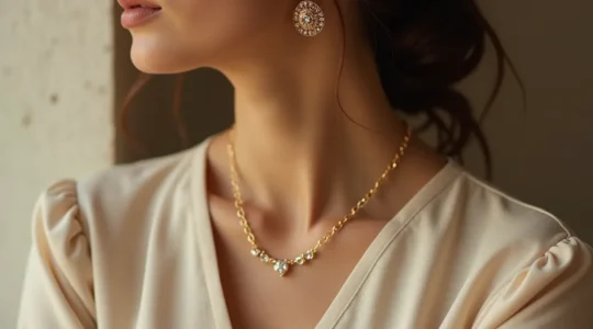Eine elegante Frau in klassischer Kleidung trägt harmonisch abgestimmten Goldschmuck, perfekt kombiniert mit ihrem Outfit für einen zeitlosen Look