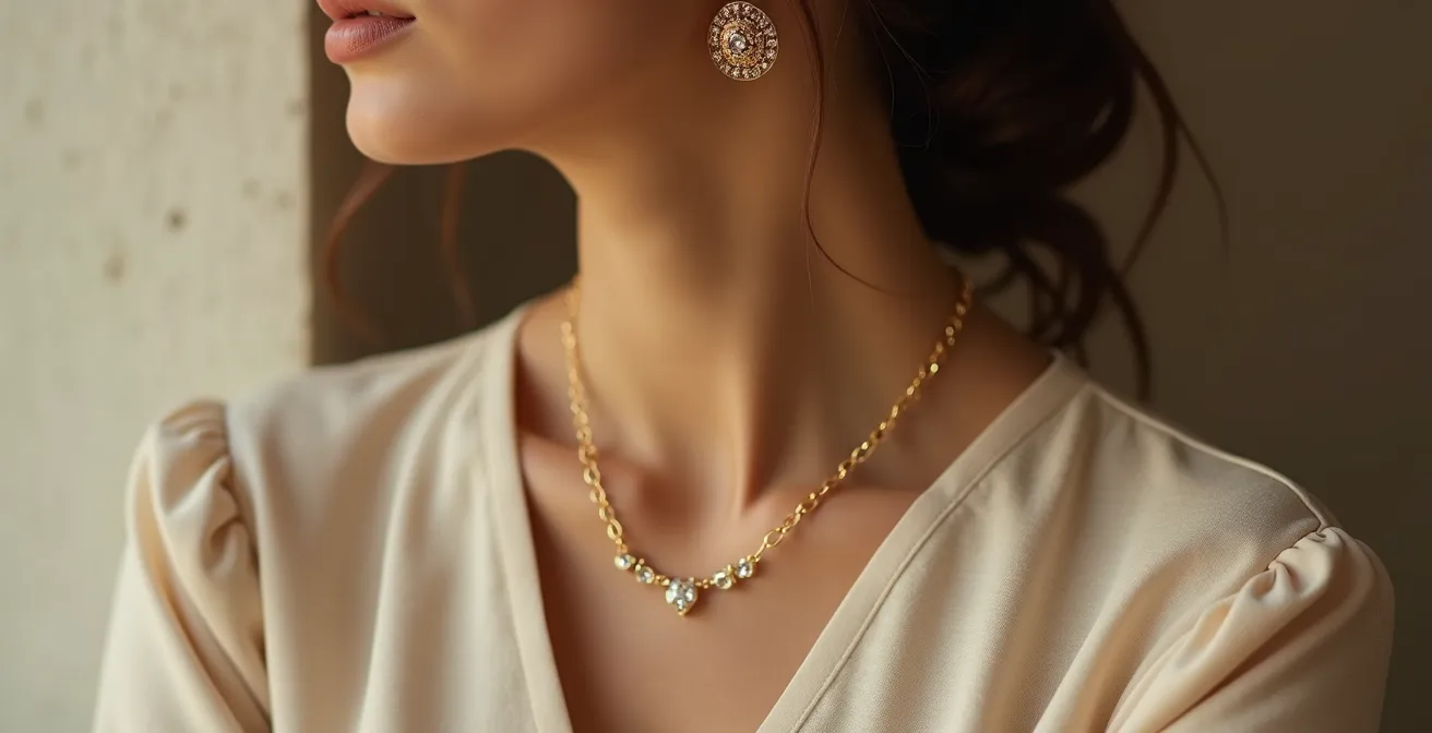 Eine elegante Frau in klassischer Kleidung trägt harmonisch abgestimmten Goldschmuck, perfekt kombiniert mit ihrem Outfit für einen zeitlosen Look