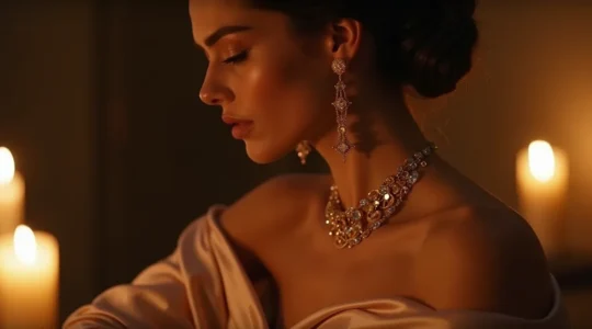 Elegante Frau mit feinem Goldschmuck, gekleidet in ein fließendes Satinkleid, mit perfekt abgestimmter Hochsteckfrisur und Make-up für einen eleganten Abendauftritt