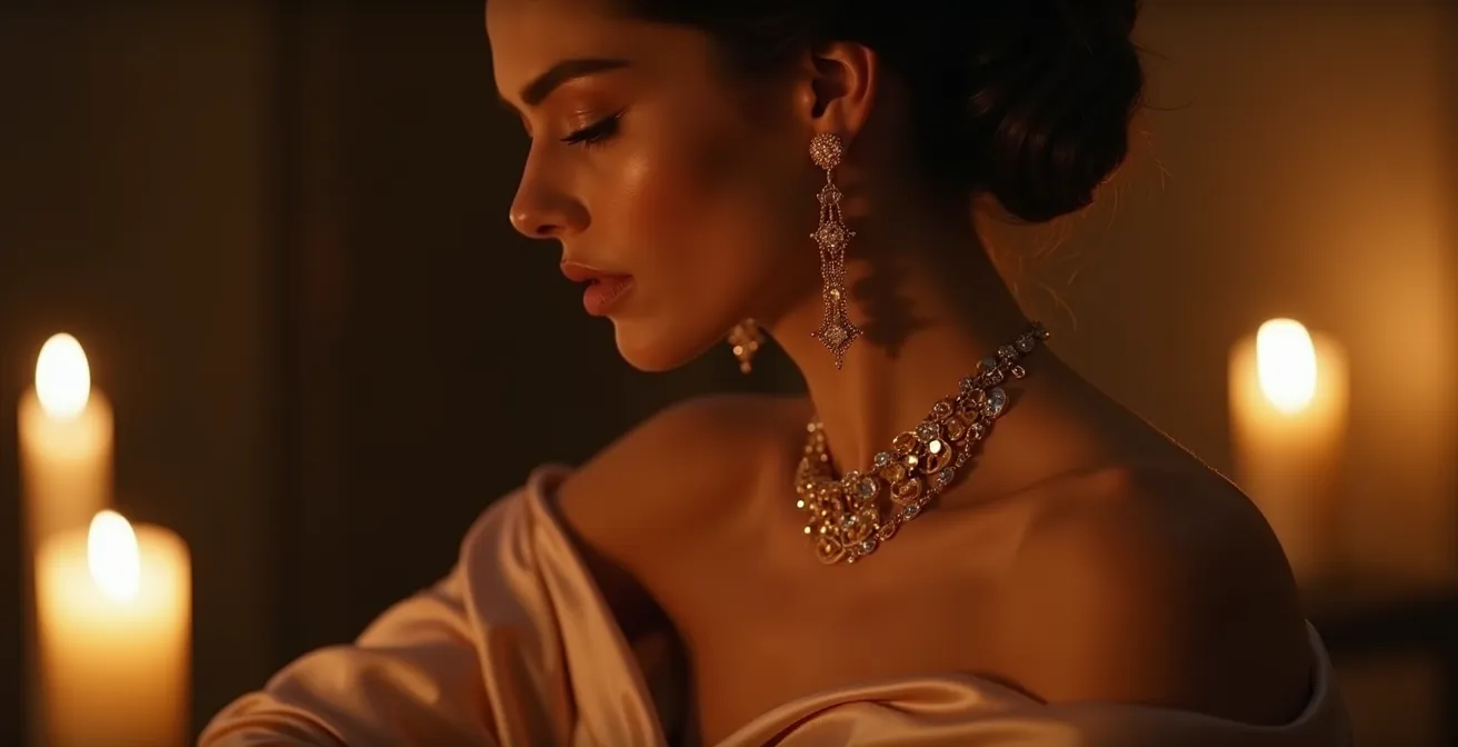 Elegante Frau mit feinem Goldschmuck, gekleidet in ein fließendes Satinkleid, mit perfekt abgestimmter Hochsteckfrisur und Make-up für einen eleganten Abendauftritt