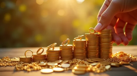 Goldschmuck-Sparplan: Ein elegantes Arrangement von glänzenden Goldmünzen und -ringen, die ein wachsendes Vermögen symbolisieren, mit weicher, warmer Beleuchtung.