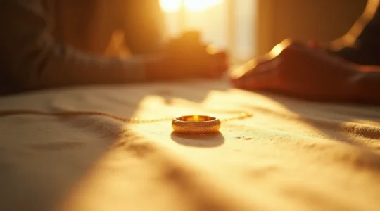 Ein elegantes Goldschmuckstück liegt auf einem warmen Hintergrund und symbolisiert die persönliche Lebensgeschichte und Erinnerungen, die in einem einzigen Stück Gold verewigt sind.