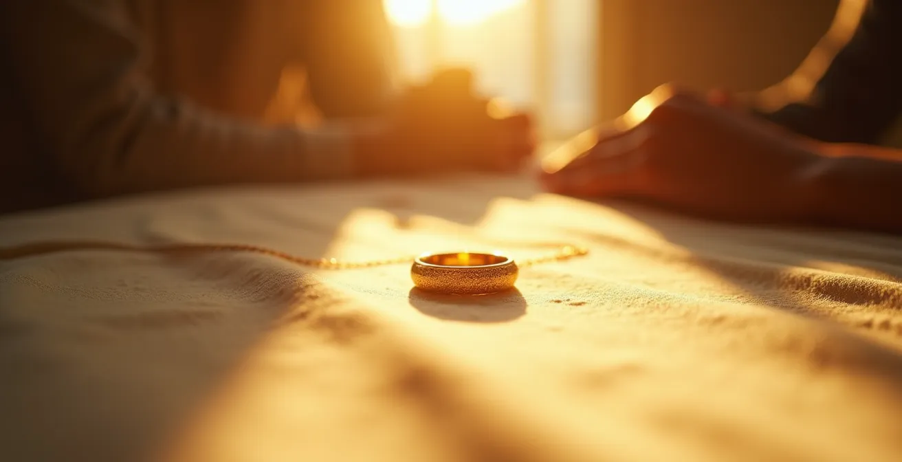 Ein elegantes Goldschmuckstück liegt auf einem warmen Hintergrund und symbolisiert die persönliche Lebensgeschichte und Erinnerungen, die in einem einzigen Stück Gold verewigt sind.