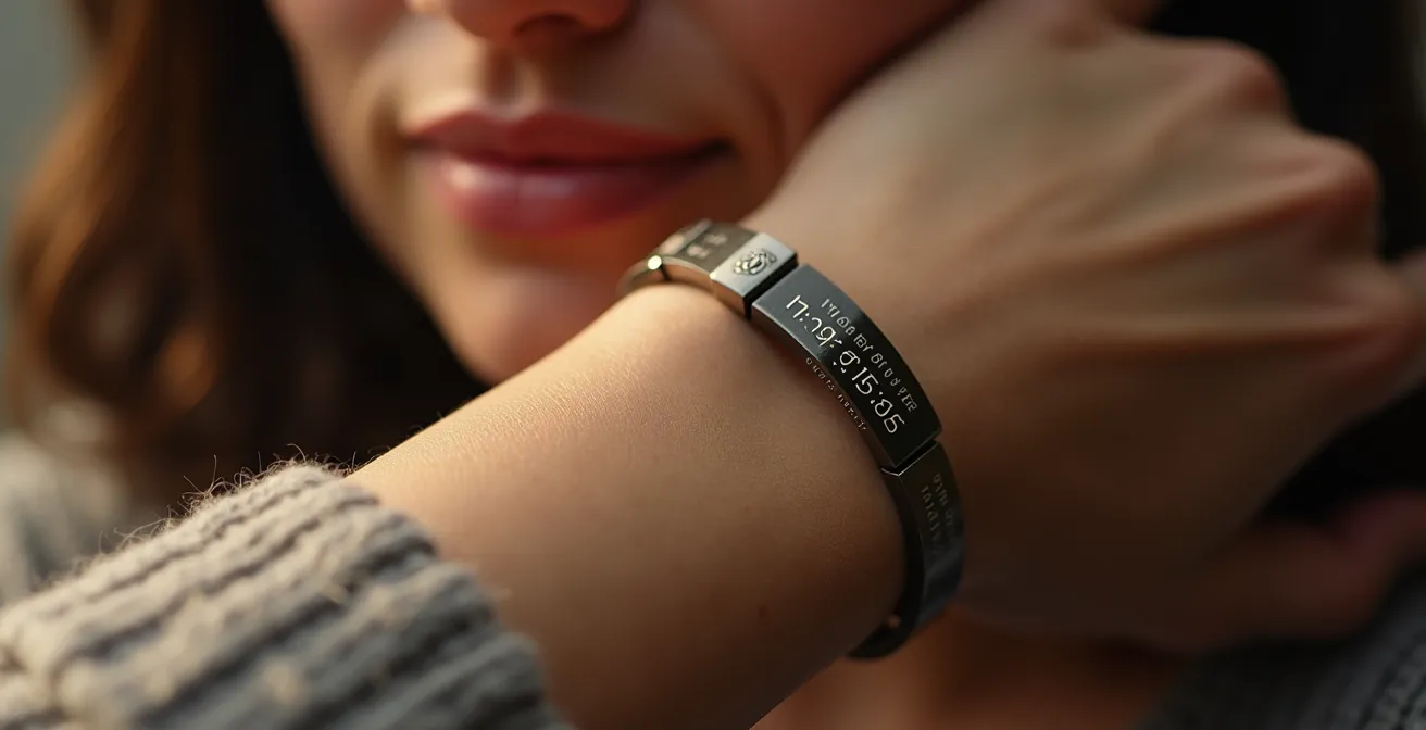 Ein elegant graviertes Armband am Handgelenk zeigt bedeutungsvolle Inschriften, Koordinaten und persönliche Botschaften, die eine lebensverändernde Geschichte erzählen