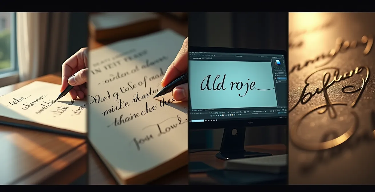 Visuelle Darstellung des Prozesses von handschriftlicher Vorlage bis zur Schmuckgravur