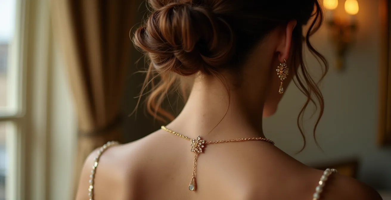 Detail-Ansicht eines eleganten Nackens mit Hochsteckfrisur und feinem Goldschmuck, das die rückwärtige Schmuckbühne zeigt