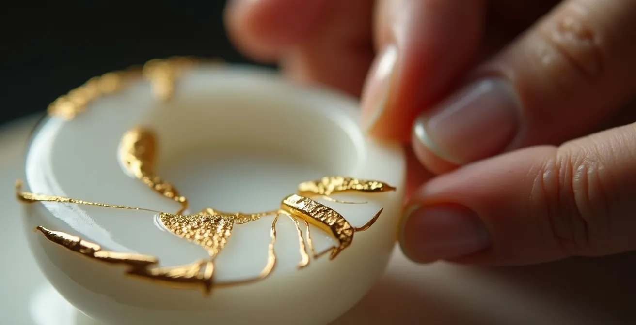 Ein Schmuckstück wird mit Kintsugi-Technik repariert: Goldstaub füllt kunstvoll die Bruchstellen und macht sie zu leuchtenden Nähten, die die Geschichte erzählen.