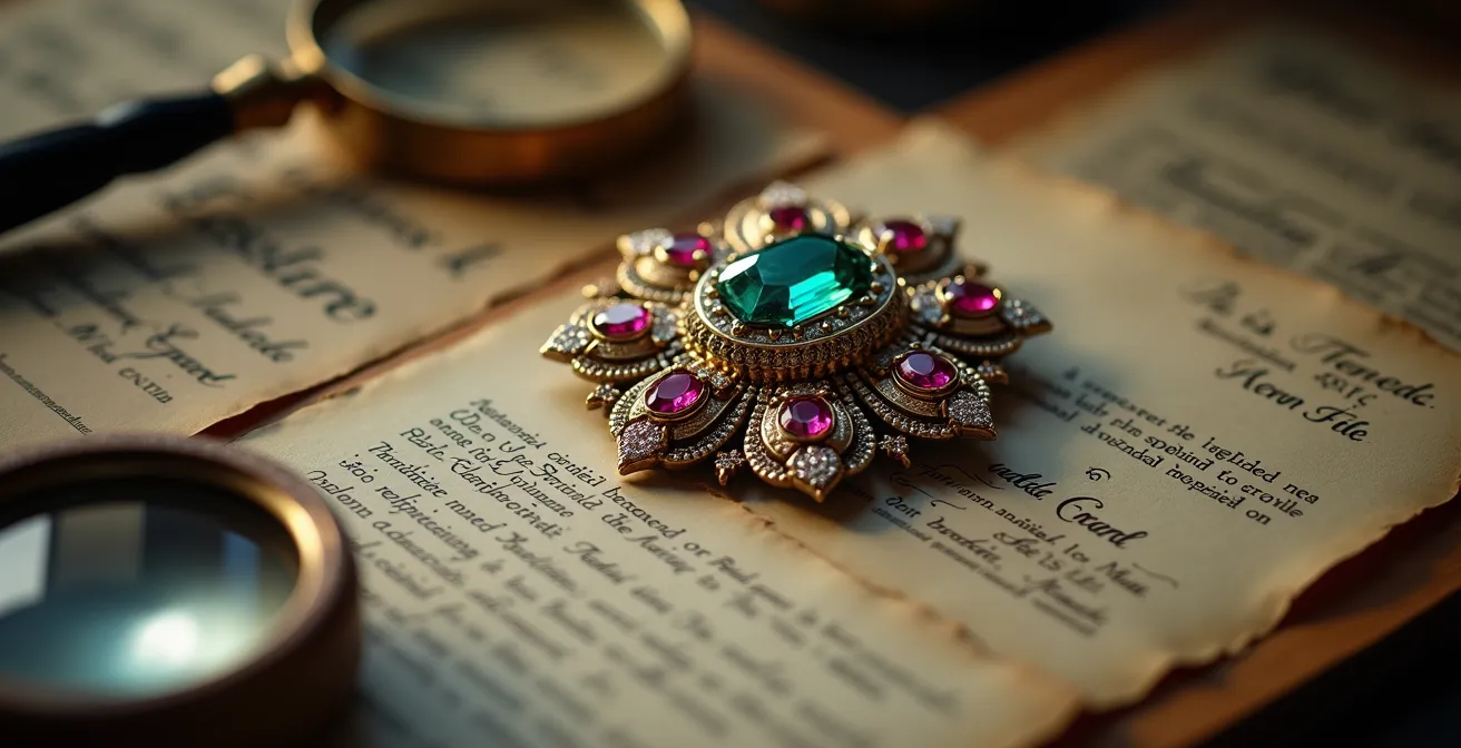 Eine detaillierte Nahaufnahme eines eleganten, antiken Schmuckstücks aus der Art-Déco-Ära, umgeben von historischen Dokumenten und Certifikaten, die seinen Wert und seine Provenienz belegen.
