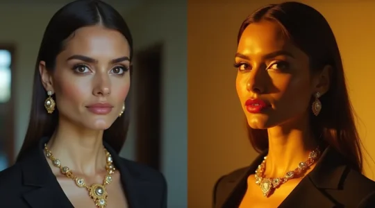 Elegante Frau mit Goldschmuck, die sich vom Business-Look zum Abendlook verwandelt, mit warm beleuchtetem Ambiente