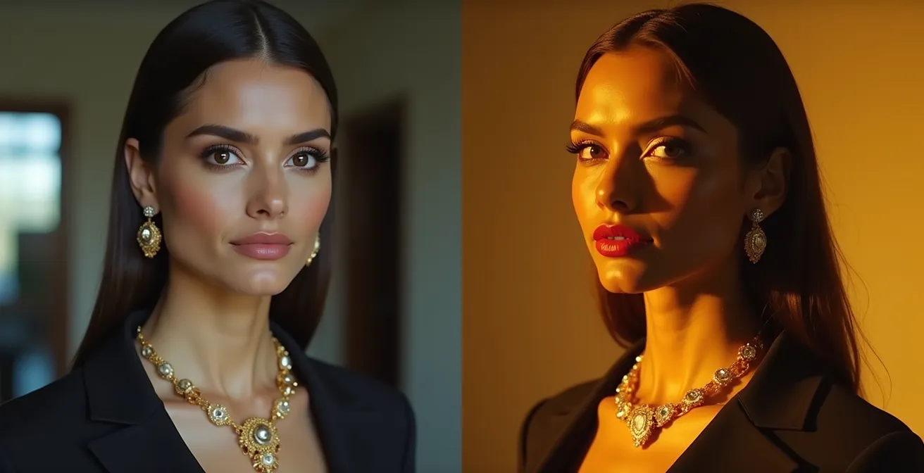 Elegante Frau mit Goldschmuck, die sich vom Business-Look zum Abendlook verwandelt, mit warm beleuchtetem Ambiente