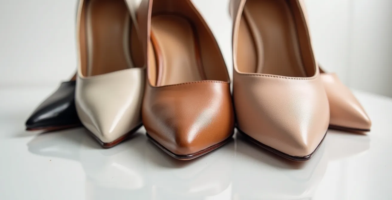 Detailaufnahme eines eleganten Pumps mit verschiedenen Absatzhöhen und Materialien, die die Anatomie des Schuhs zeigen