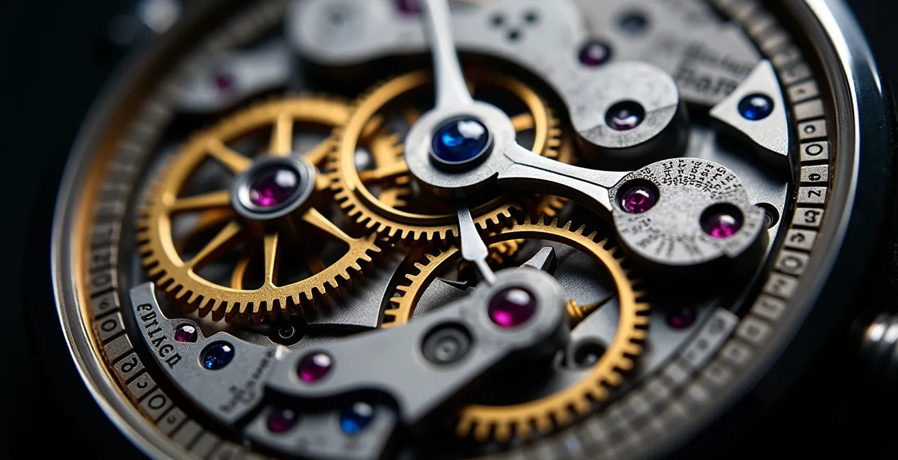 Makroaufnahme eines deutschen Automatikuhrwerks mit sichtbarer Unruh und Rotor