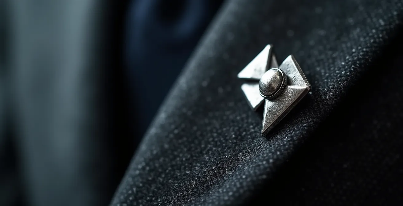 Minimalistischer Bauhaus-Schmuck als bewusster Akzent zu einem dunklen Business-Anzug einer Frau in Deutschland.