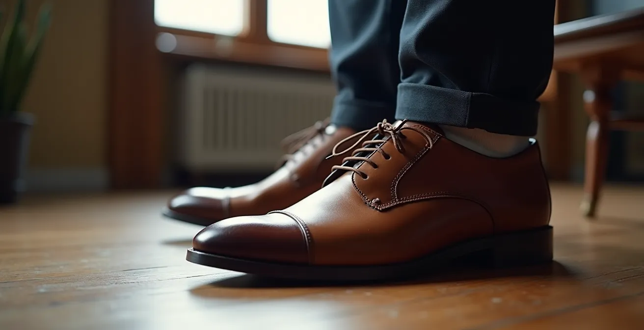 Seitenansicht eines perfekt sitzenden Lederschuhs am Fuß