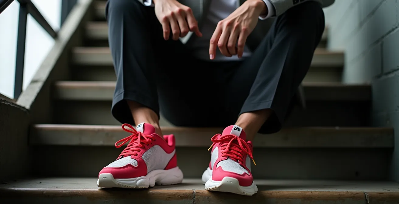 Minimalistisches schwarzes Outfit mit bunten Statement-Sneakern