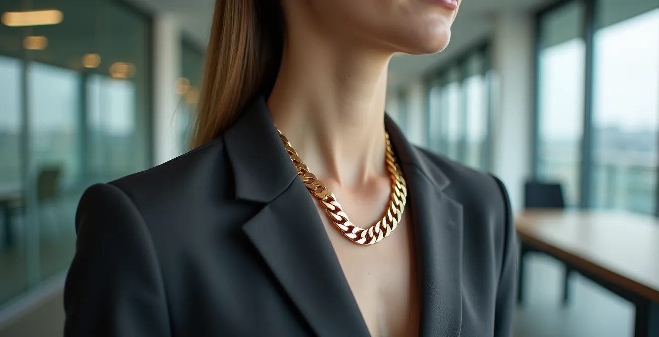 Professionelle Geschäftsfrau mit einer geometrischen Statement-Kette zu ihrem Anzug in einem modernen deutschen Büro.