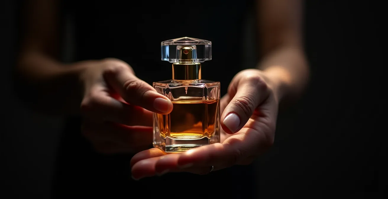 Elegante Hand trägt Parfum auf das Handgelenk auf in stimmungsvollem Licht