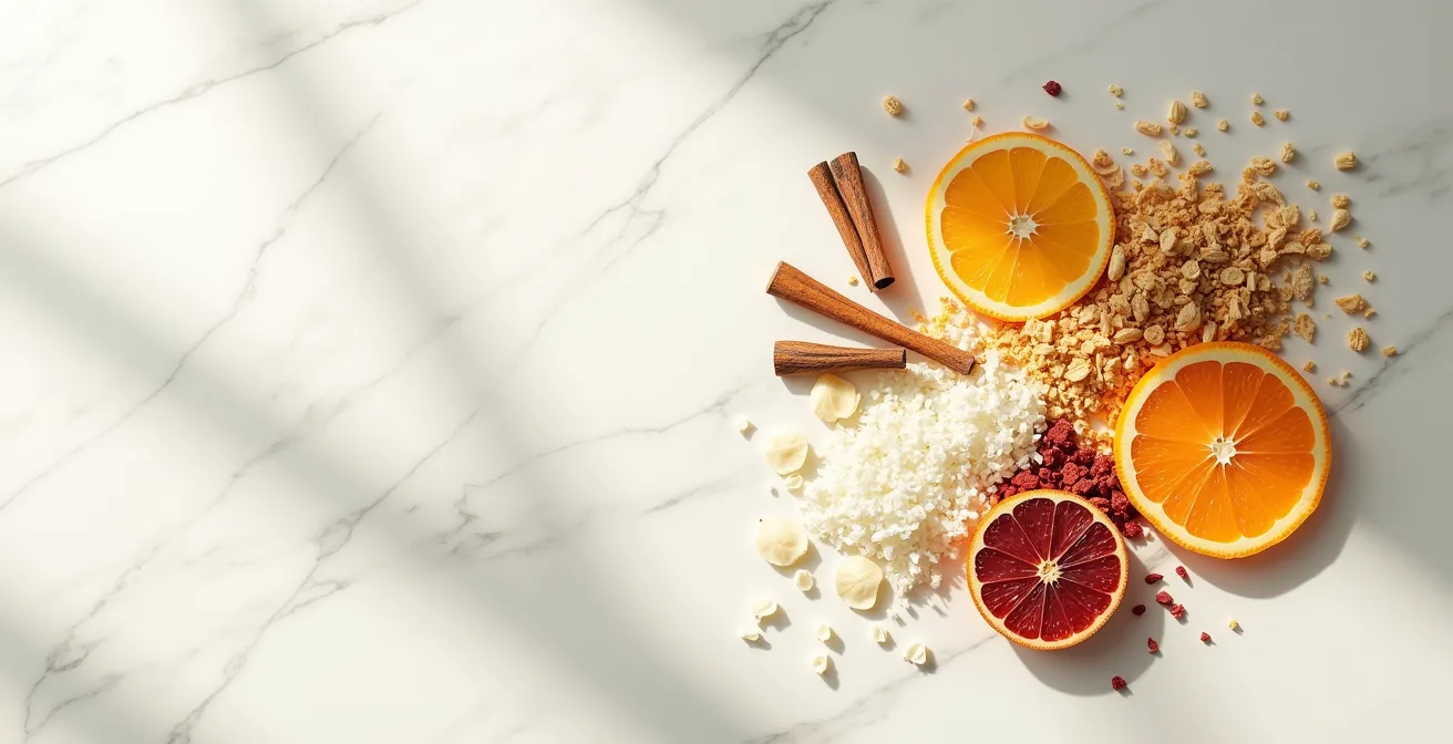 Abstrakte Darstellung verschiedener Duftfamilien mit deutschen Elementen wie klaren Linien und geometrischen Schatten.