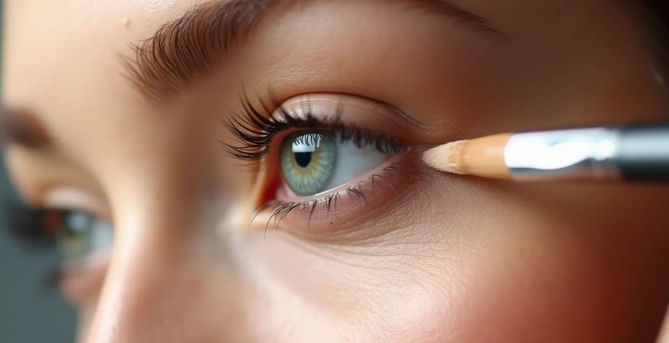 Professionelle Makeup-Technik zeigt die richtige Reihenfolge von Foundation und Augen-Makeup