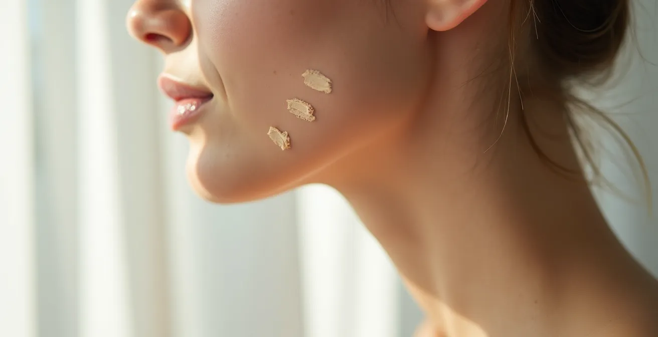 Person testet Foundation-Nuancen entlang der Kieferlinie bei natürlichem Licht