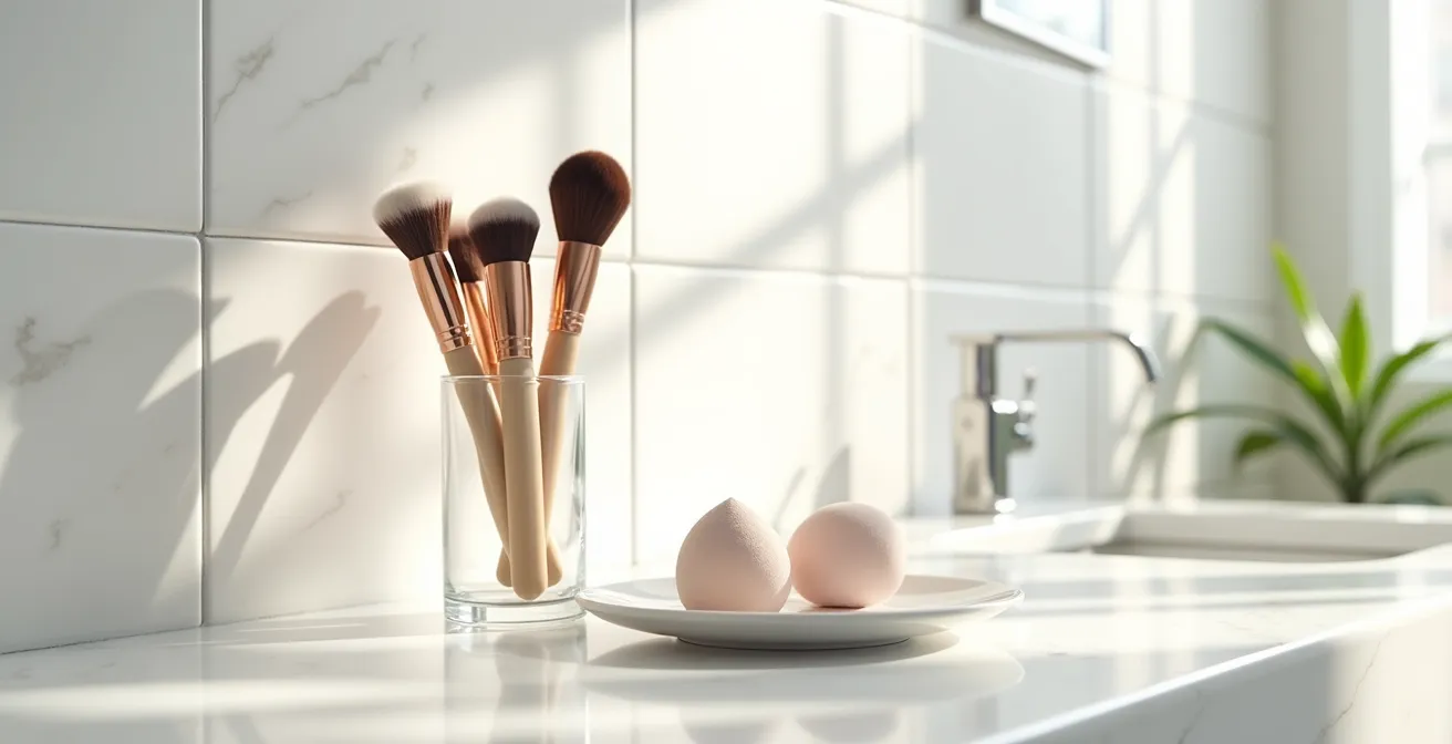 Professionelle Foundation-Applikation mit Pinsel in kreisenden Bewegungen, daneben ein Schwamm auf einer Marmoroberfläche