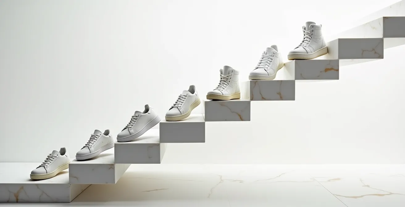 Fünf ikonische weiße Sneaker-Modelle in Reihe präsentiert