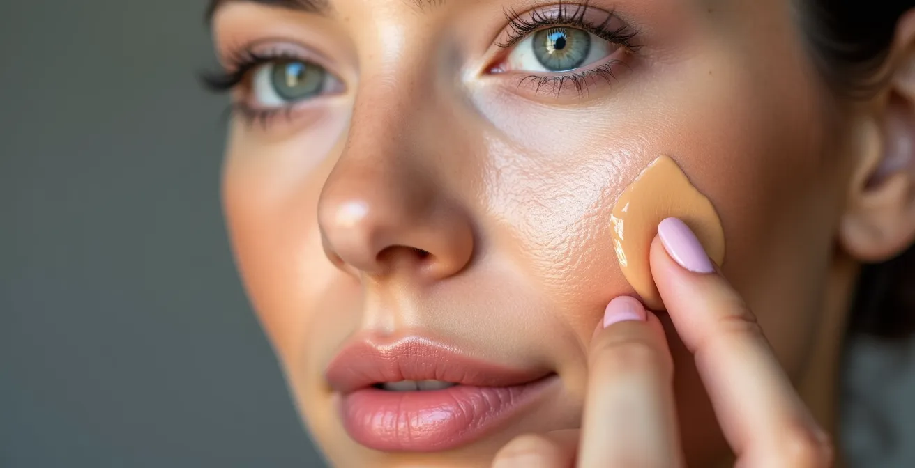 Nahaufnahme eines Gesichts, das die Make-up-Zoning-Technik mit selektiver Anwendung in der Gesichtsmitte zeigt.