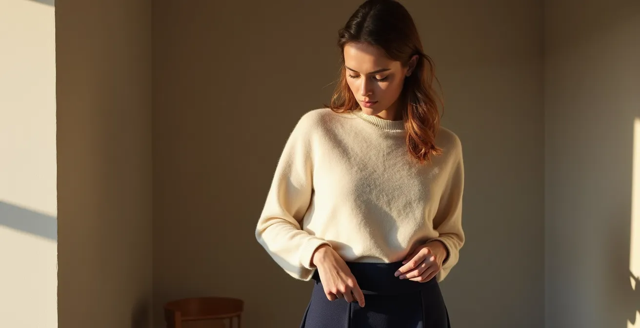 Demonstration verschiedener Proportionen bei High-Waist-Röcken mit Pullovern