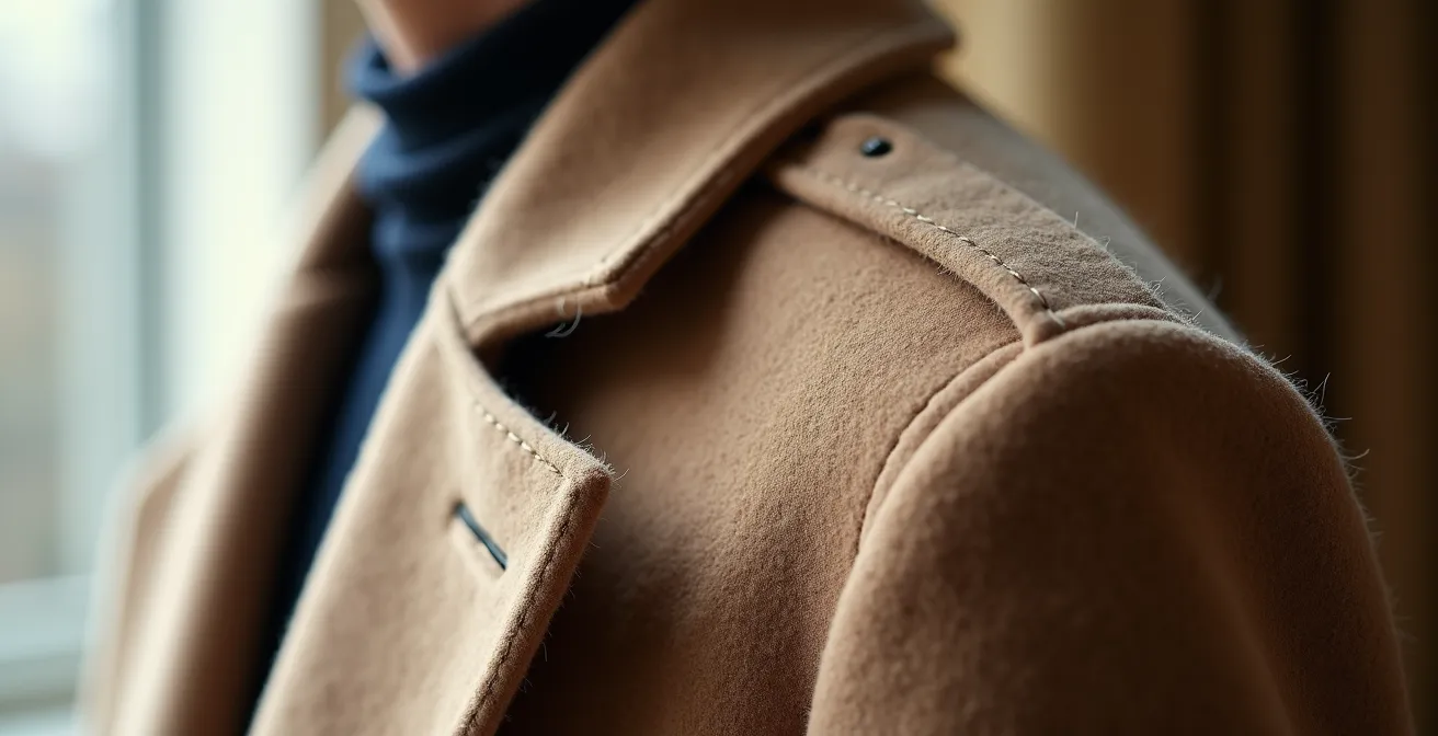 Detailaufnahme hochwertiger Schneiderkunst an einem minimalistischen Wollmantel